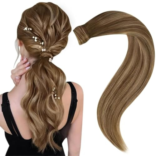 Easyouth Haarverlängerung Pferdeschwanz, natürlich, Balayage Braun, Extensions, menschlicher Pferdeschwanz, Schatten, dunkelbraun, Erdbeerblond, Echthaar, 30 cm, 70 g