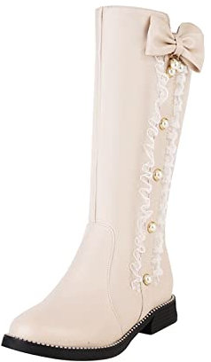 Generico Stivali Polpaccio XXL Stivali per Polpacci Grossi Stivali da Donna con Fiocco alla, Tinta Unita, Piatto, Punta, Tacco, Medio-Lunghi, Stile Studente Stivaletto Donna Tacco (Beige, 42)