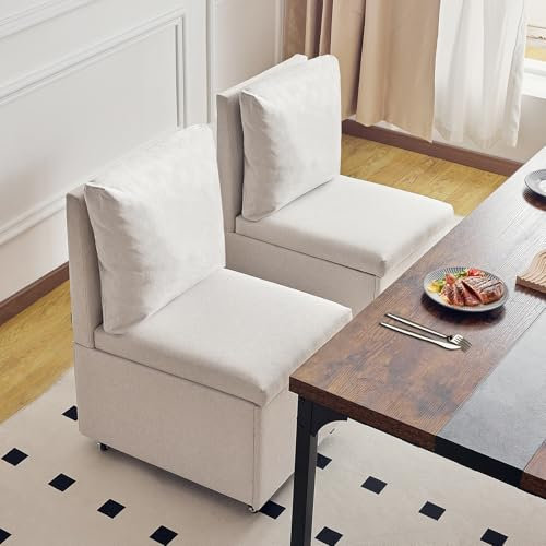 Roomark Esszimmerstühle mit Rollen,Esszimmerstühle 2er Set,bequemer Polsterstuhl mit Rückenlehne, Moderne Leinenstoff esszimmer stühle,küchenstühle 2 Set,Dining Chairs mit Rollen (Beige)