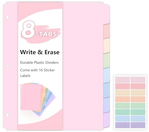 SKYDUE 8 Tab Write & Erase Durable Plastic Dividers for 3 Ring Binders