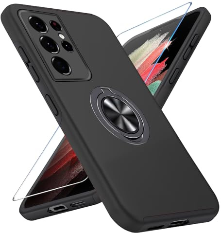 Handyhülle für Samsung Galaxy S21 Ultra Hülle mit Schutzfolie, Schutzhülle Galaxy S21 Ultra Case mit Magnetischer Ring Ständer Kratzfest Fallfestigkeit Stoßfest für Samsung S21 Ultra Cover (Schwarz)