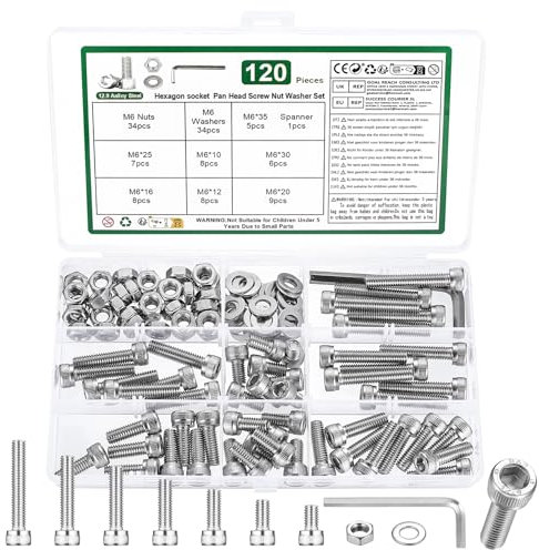 120 Pz Set di Viti M6, Viti Bulloni e Dadi Kit, Bulloni Viti a Testa Cilindrica con Esagono Incassato e Dadi e Rondelle Set, Viti Bulloni a Testa Esagonale e Dadi, DIN912 Viti a Brugola(Argento)