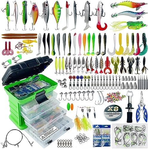L PATTERN 353 Stück Angeln Köder Set, Gemischt Angelköder Kit mit Tackle Box Spinnerbaits Crankbait Weiche Köder Jigs Haken für Hecht Forelle Zander Barsch, Grüne Box