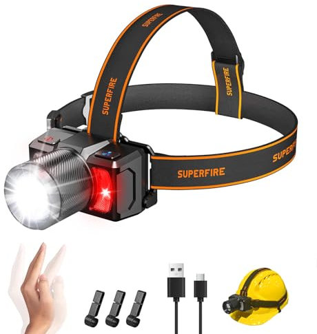 SuperFire LED Stirnlampe Wiederaufladbar mit Sensor, 7000 Lumen, IP43 Wasserdicht, Rot/Weiß Licht, 45° Einstellbar, Helmet-Montage für Outdoor, Angeln, Reparatur (8 Helligkeitsstufen, Typ-C-Ladung)