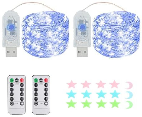 2 Stück LED Lichterkette, 200LED 20M / 67Ft 8 Modi USB lichterkette außen/innen Wasserdichte mit Fernbedienung für Schlafzimmer, Hof, Hochzeit, Weihnachten, DIY etc (blau)
