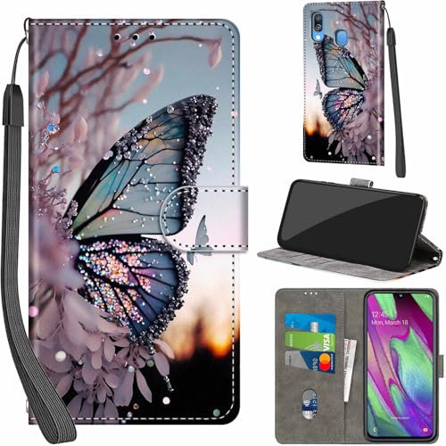 Handyhülle für Samsung Galaxy A40 Hüllen Premium Leder Case Klappbar Wallet Magnet Kartenfach Standfunktion Schutzhülle kompatibel mit Samsung A40 Cover,Schmetterling