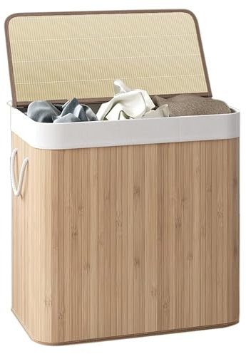 Comart - Portabiancheria Bamboo - 150 L - 3 Scomparti - Cesto Salvaspazio - Pieghevole - con Coperchio e Maniglie - Fodera Interna Rimovibile - Porta Panni e Bucato - per Lavanderia e Bagno - Natural