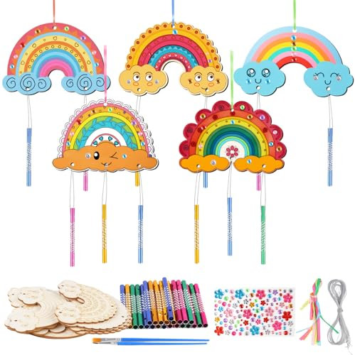 Tikplus Windspiel Bastelset Kinder 57 Pcs, Regenbogen Basteln Kindergeburtstag, Regenbogen Holz Klangspiel mit Hängendem Klangspiele, Holz Basteln Kinder für Mädchen/Jungen DIY Geburtstag Handwerk