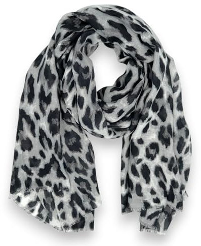 Ziona Tuch Leopardenmuster Damen XXL Rechteck Halstuch frühling Leo Print 182cm x 88cm Schal (Schwarz-Grau-Weiß)