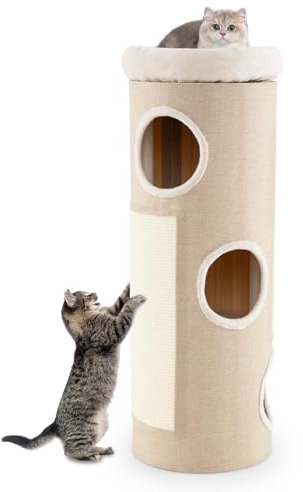 COSTWAY Tonneau Griffoir Chat à 4 Niveaux, Planche à Griffer en Sisal, 3 Condos, Coussin Amovible, Tapis en Bambou, Tour Chat Griffoir Interieur, 43 x 43 x 113 cm, Naturel