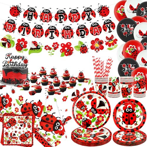Ladybug Party Dekoration, Marienkäfer Geburtstag Dekorationen, Teller Tassen Servietten Tischdecke Happy Birthday Banner Ballon Kuchen Topper für Ladybug Party Supplies, Serves 20