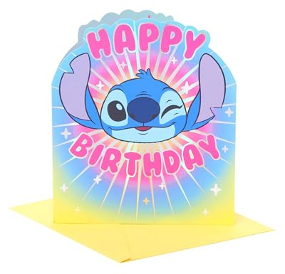 UK Greetings Disney Lilo & Stitch Geburtstagskarte, Happy Birthday Geschenke, für Sie/Ihn, Stichgesicht, mit Umschlag, 15,9 x 18,4 cm