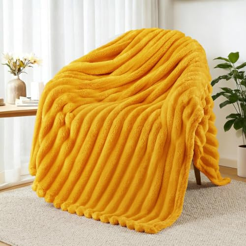 Exclusivo Mezcla Kuscheldecke Flauschig Flanell Decke 130 x 150 cm | Leicht, Weich, Warm, Sofadecke Tagesdecke Bettüberwurf Wohnedecke, für Herbst und Winter, Maschinenwaschbar, Senfgelb
