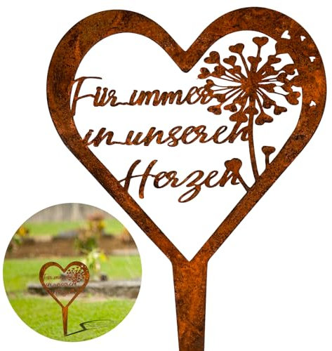 Hossom Grabschmuck Wetterfest, Herz Grabschmuck Trauerdekoration Metall Rostoptik Grabstecker mit Spruch Für Immer in unseren Herzen, Spruch Grabdekoration für Gärten Höfe Friedhofsdeko