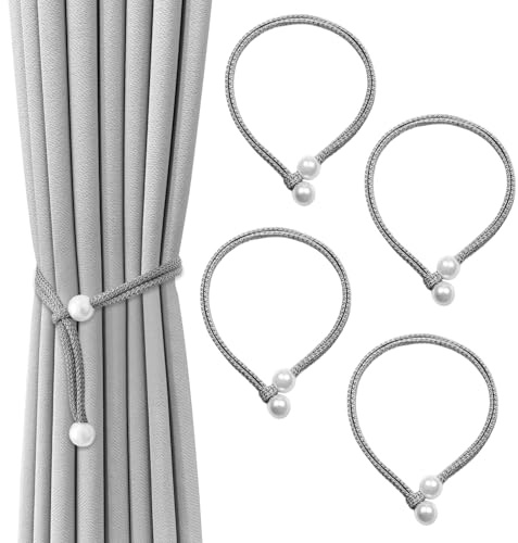 SUBTAVIK 4er-Set Vorhanghalter, Perlen-Gardinen-Tauverschluss, Elegantes Geflecht, Verstellbare Vorhanghalter für Zuhause, Büro, Wohnzimmer, Schlafzimmer (Grau)