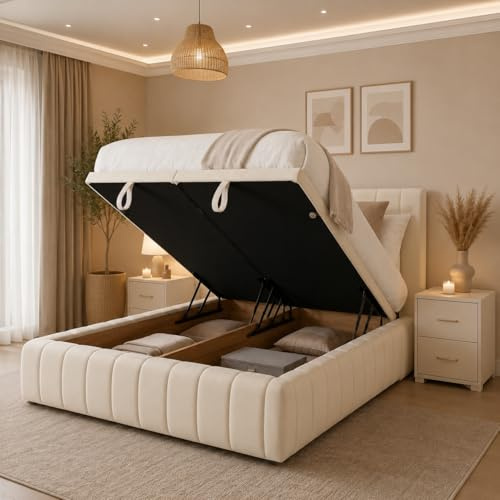 AL SULTAN Super King Ottoman Bed Frame with Mattress, Luxury Plush Velvet Upholstered Cloud Bed with 48” Headboard, 6FT SuperKing Ottoman Bed Frame with Divan Base Gas Lift Storage - Cream