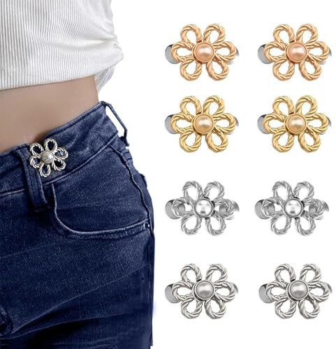 JOOTUEPO 8 Pcs Alfileres de Botones Para Vaqueros con Forma de Pétalo, Botones Ajustables para Jeans, Boton De Clips De Pantalones Sin Costura, Boton para apretar Pantalones, 4 Colores