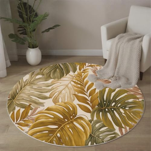 MLSOWM Kurzflor Teppich Rund 120cm, Tropische Blätter Weicher Kreis Teppich mit Anti-Rutsch Unterseite, Waschbar, Super Soft Bohème-Stil Runder Teppiche für Kinderzimmer Esszimmer Büro, Senfgelb
