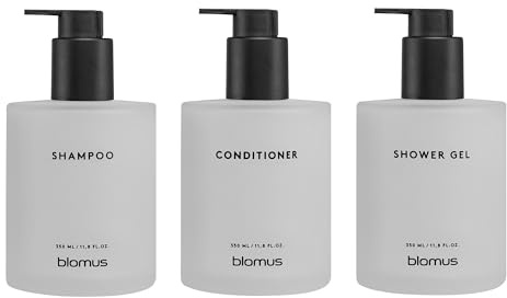 blomus Glasflaschen 3er Set -Kirei- | Shampoo Conditioner Shower Gel Spender 3 x 350 ml | zur Wandmontage mit Schrauben | Badaccessoire Farbe White | Ø 7 x 18 cm | Seifenspender