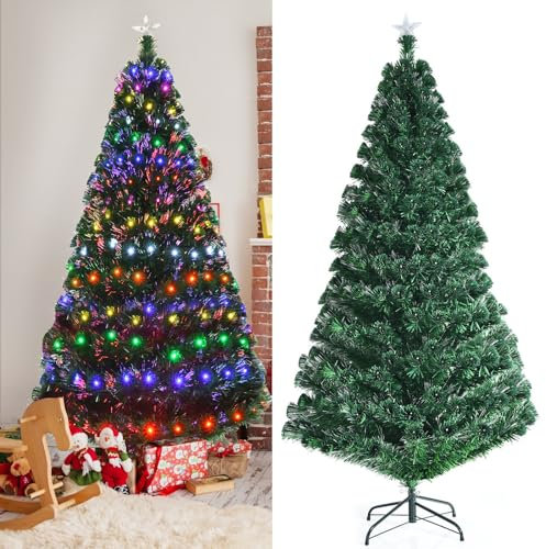 COSTWAY 150/180/210cm LED Künstlicher Weihnachtsbaum mit 8 Lichtmodi, Tannenbaum mit Sternspitze und Metallständer, Christbaum mit Glasfaser und 6-farbige Leuchten, Kunstbaum Weihnachten, grün (210cm)