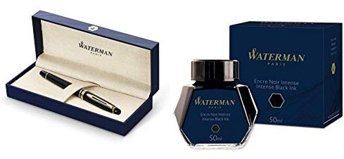 Waterman Expert Laque Noire Attributs Dorés Stylo Plume Pointe Moyenne - dans son Écrin + Waterman Encre pour Stylo Plume Noire Intense - Flacon de 50 ml Bundle