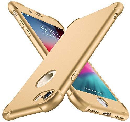 ORETECH Compatible with iPhone 7/8 Case, with [ 2 Pack Tempered Glass Screen Protector ] 360 Shockproof Ultra Thin Anti Scratch Hard PC Silicone TPU Bumper Rubber Cover - Gold