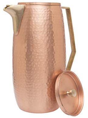 De Kulture Pichet en cuivre pur fabriqué à la main avec couvercle, idéal pour les avantages de l et du yoga, cadeau idéal pour homme et femme, 7,5 x 3,5 x 9 LWH (marron)