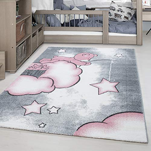 Teppich Kinderzimmer Bär-Himmel Wolken Sterne Design Kurzflor Kinderteppich mädchen Spielteppich Modern Design Babyzimmer Teppiche für Junge und Mädchen Extra Weich 160 x 230 cm
