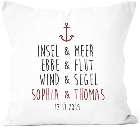 SpecialMe® Kissen-Bezug mit Namen und Datum Anker Liebesspruch Kissen-Hülle Baumwolle personalisierte Geschenke weiß Unisize