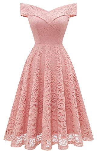 Homrain Robe Vintage Femme Elegante Pin up pour Soirée Cocktail Bal Mariage Fête Guinguette en Dentelle Blush-1 M