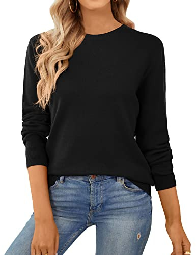 QUALFORT Sweaters for Women Crewneck Sweater 100% Cotton Soft Knit Pullover Tops Black Large