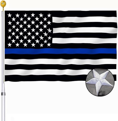 Drapeaux américains brodés Police Blue Line 3 x 5 extérieur - Heavy Duty Blue Lives Matter USA - Drapeaux en nylon 210D 4 rangées de points brodés