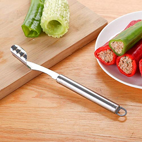 TOSSPER Pepper Corer Seed Remover Tool Zucchini Cucumber Core Stainless Steel Deseeder Chili Corer Remover Serrated Slice Seed Remover or Slice Off Vegetables Tops