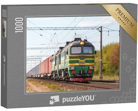 puzzleYOU: Puzzle 1000 Teile „Eine Starke grüne Diesellokomotive 2M62 zieht einen Güterzug“ – aus der Puzzle-Kollektion Eisenbahn
