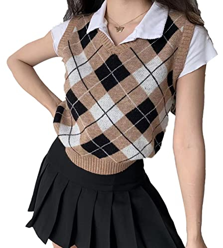 Hyipels Y2K Damen-Pullover, ärmelloses Muster, adretter Stil, gestrickt, bauchfreies Tanktop für Mädchen, Z Kakhi, Klein