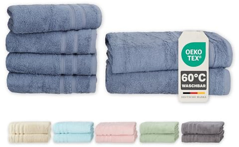 Müskaan® 6er Bambus Handtuch Set Rauchblau, 50% Baumwolle & 50% Bambus, 450g/m² – 2X Duschtuch 70x140cm & 4X Handtuch 50x100cm – Öko-Tex, Handtücher Set Baumwolle, Handtuchset Blau, 60°C waschbar