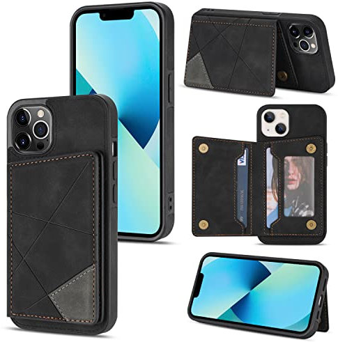 UEEBAI Wallet Case for iPhone 13 Pro 6.1 inch, Slim PU Leather Case with Card Holders Kickstand Double Magnetic Clasp Durable Skin feel Shockproof Flip Folio Cover - Black
