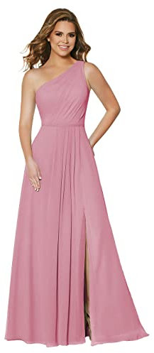 N/ C Robe de demoiselle d'honneur plissée à une épaule avec poches - Robe de soirée formelle en mousseline de soie C007, vieux rose, 46