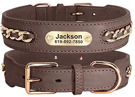 Didog Hundehalsband aus echtem Leder, geflochtenes Leder, personalisiert mit graviertem breitem Namensschild, verstellbare und langlebige Hundehalsbänder kleine, mittelgroße große Hunde, braun, XXL