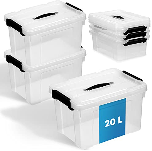 Schmacht® 3-er Set Aufbewahrungsboxen mit Deckel I BPA Frei I Mit oder Ohne Tragegriff | Aufbewahrungsbehälter mit verstärkter Bodenstruktur (Mit Tragegriff - Transparent, 20l)