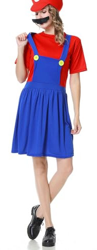 WWQQYY Cosplay Kostüm, Super Brothers Cosplay Kostüm, Halloween Carnival Cosplay Kostüm, mit Bodysuit, Hut und Schnurrbart Cosplay Kostüm für Herren Damen Junge Mädchen, Damen Rot, S