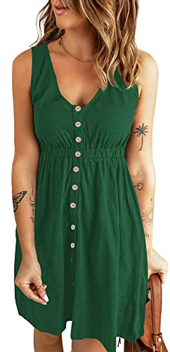 AUSELILY Sommerkleid Damen Casual Button Down Mini Kleid Cute V Neck Strandkleid mit Taschen Dunkelgrün S