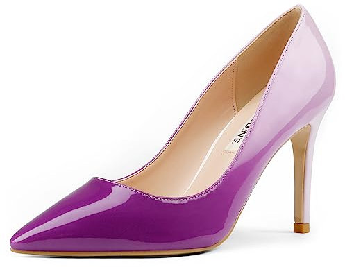 JOY IN LOVE Damen-Pumps 8,9 cm High Heels spitz zulaufende Stiletto-Pumps, Weiß-Lila-Patent, 41 EU