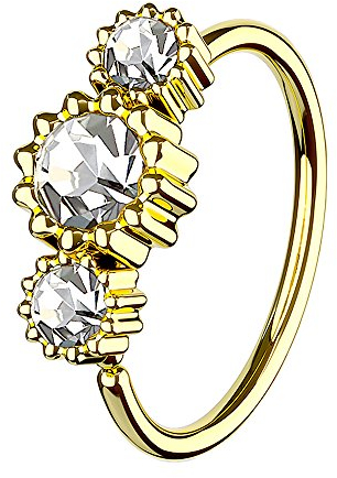 Taffstyle Piercing Continuous Biegbarer Fake Piercing Ring 3 Kristalle Steine Strass Glitzer Ear Cuff Septum Tragus Helix Ohr Nase Lippe Nasenpiercing Nasenring Ohrpiercing Gold Clear
