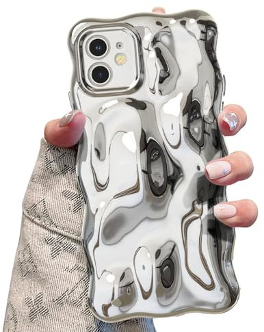 UEEBAI Case for iPhone 11 6.1 inch, Cute Solid Color Curly Wave Shape Shockproof Soft TPU Bumper Phone Case, Candy Water Ripple 3D Silicone Slim Pretty Case Non-yellowing Cover,Silver