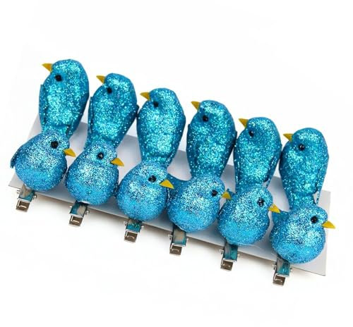 Vorkhuaeri Xmas Artificial Robin Clip On Glitter Bird, Christmas Tree Decor Ornament, Mini Birds Crafts Decor Sets for Home Garden Party Gift (Blue)
