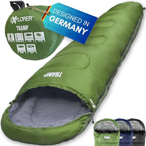 EXPLORER® Tramp Schlafsack Grün -9°C +9°C [250GSM] 3 Jahreszeiten Leichter Mumienschlafsack für Erwachsene[1300g] 230x80x55cm kombinierbar, ideal für Outdoor, Camping, Trekking und Reisen