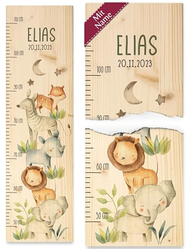 Kind Holz - Tiere - Messlatte Wildtiere I Löwe I Elefant I Zebra I Nashorn I Tiger I Zootiere Kindermesslatte - 50-110 cm - Holz - kinder 160 tier safari kinderzimmer größenmesser größen
