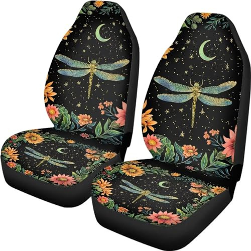 ZIATUBLES Dragonfly Retro Blumen Mond Stern Druck 2-tlg. Auto-Sitzbezug Vordersitz-Abdeckung Auto-Innensitz-Schutz, Fahrzeug-Sitzpolsterbezüge Atmungsaktiver Sitzbezug Universal-Passform Auto