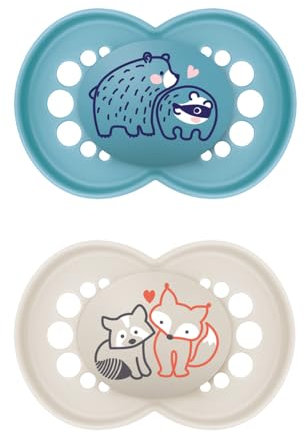 MAM Original Succhietto 16+ Mesi (Set da 2), Ciuccio MAM 16 36 mesi con tettarella ortodontica in caucciù, Kit da 2 accessori neonato con pratico porta ciuccio sterilizzatore, Azzurro/Neutro